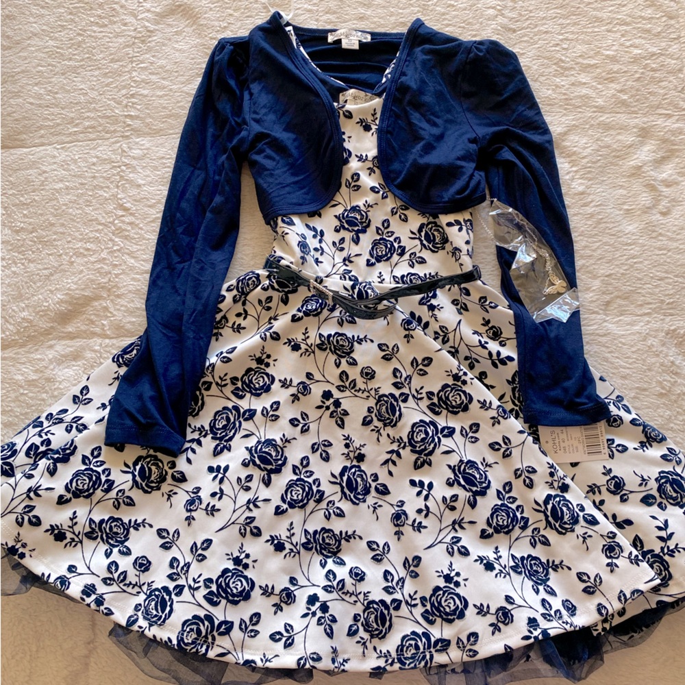 Knitworks Girl's White Dress with Blue Flowers, Elegant Design with Fuzzy Vest.